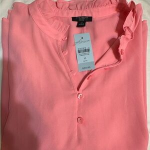 Ann Taylor Coral Pink Button-Front Ruffle Blouse